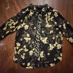 WHO WHAT WEAR RUFFLE NECK SHEER BLOUSE L BLACK GREEN YELLOW FLORAL LEAF EUC