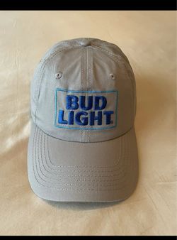 gray Bud Light adjustable baseball cap featuring the embroidered blue Bud Light logo on the front panel.