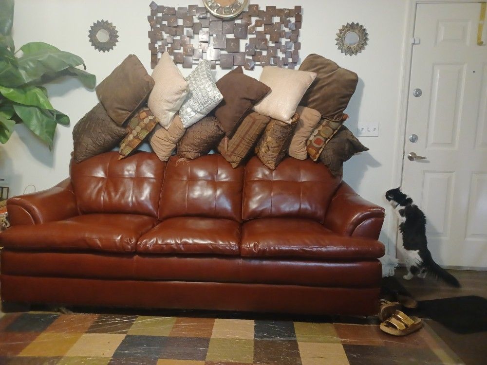 Wine/Burgundy 3 Seater Leather Couch, Picture And Pillows Too