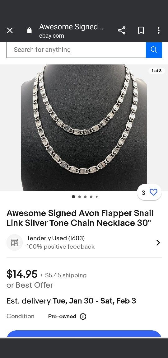 30" Vintage AVON silver tone Neckless