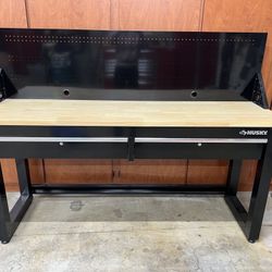 72 in. W x 20 in. D 2-Drawer Black Workbench with Pegboard and Solid Wood Top