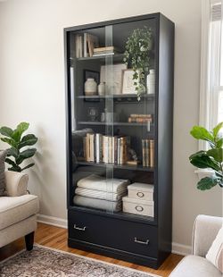 Modern Farmhouse Tall Glass Display Cabinet / Curio Bookcase with Drawer