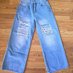 Light blue distressed wide leg jeans XS
