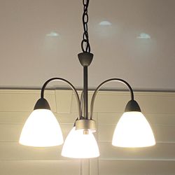 3 Light Oil- Rubbed Bronze Chandelier. Frosted Glass Shades. D18.9”. Bulbs Included. Like New!
