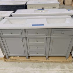 60 in. W x 22 in. D Double Sink Bath Vanity in Gray with White Marble Top $769 