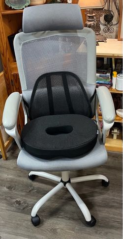 Gray Ergonomic mesh office chair featuring an adjustable headrest & an added black mesh lumbar support cushion PLUS Black Donut Seat Cushion W Lumbar