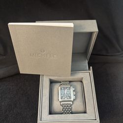 Michele Silver Watch With Black Face And Diamonds