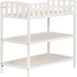 Changing Table In White, Comes With 1" Changing Pad, Features Two Shelves, Portable Changing Station, Made Of Sustainable New Zealand Pinewood