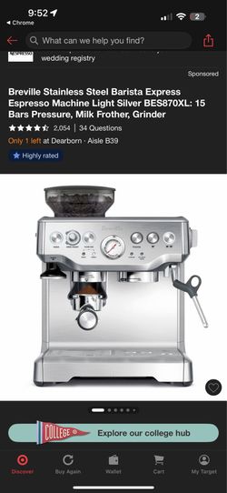 Breville Stainless Steel Barista Express Espresso Machine Light Silver BES870XL: 15 Bars Pressure, Milk Frother, Grinder