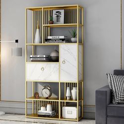 70.9" Modern 5-Tier Geometric Bookshelf with 1 Drawer and 1 Door in White & Gold