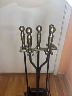 Brass and Black Fireplace Tool Set with Stand never used offer if interested
