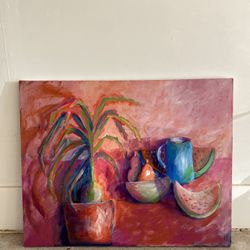 Original Still Life Painting – Pink Modern Fruit Scene (24x30) 