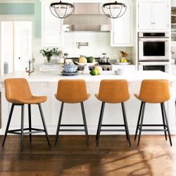 Abraham Whiskey Brown 24 in. Low Back Metal Frame Faux Leather Upholstered Cushioned Counter Height Bar Stool (Set of 4) 