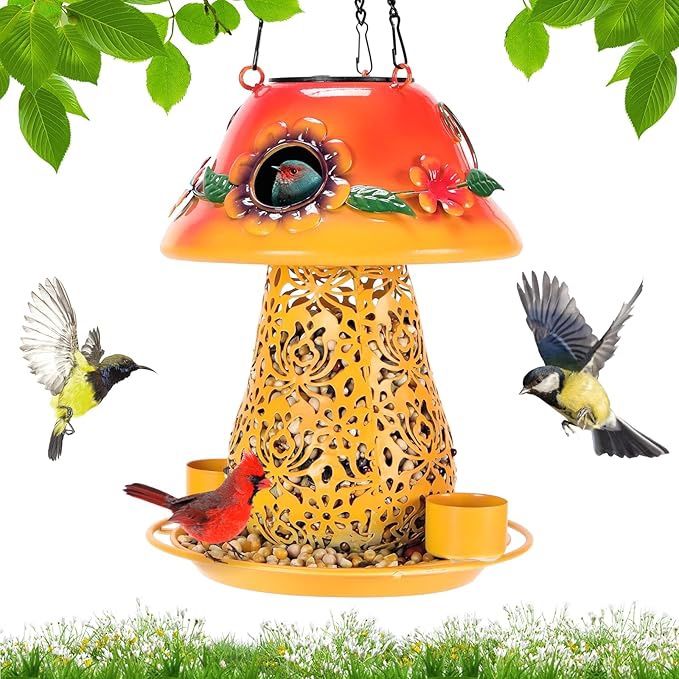 Mushroom Solar Bird Feeders for Outdoors Hanging Metal Wild Bird Feeder