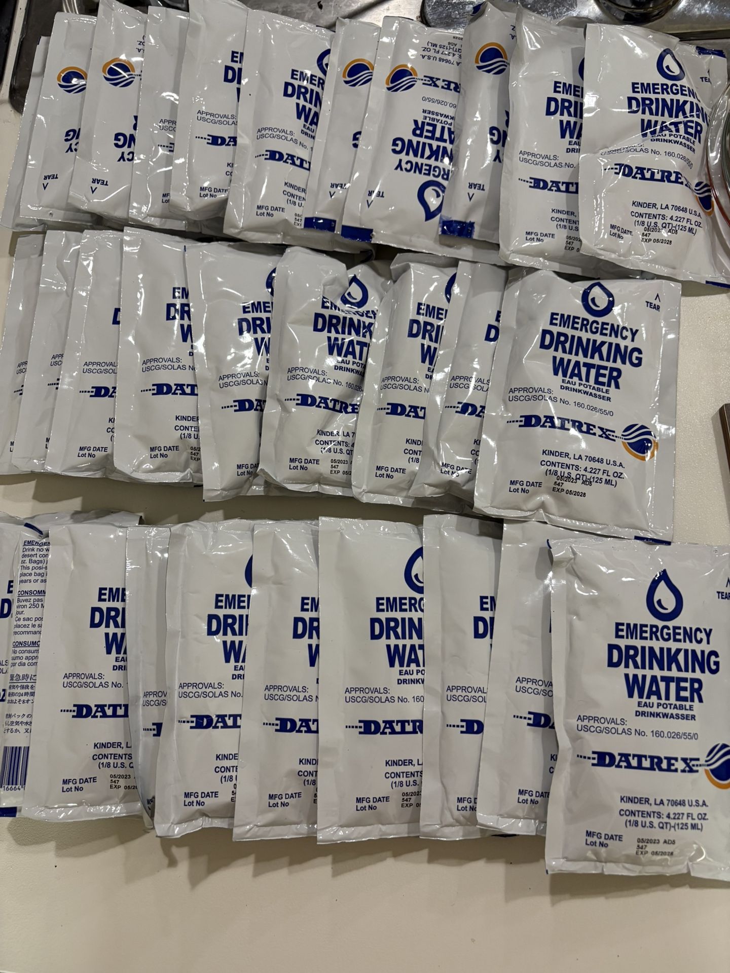 Datrex Emergency Drinking Water 30 Packs 4.227 fl oz Each Exp 05/2028 Sealed