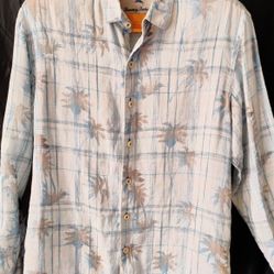 Tommy Bahama Relax Shirt Men L Blue Palm Tree Plaid Linen Button Front