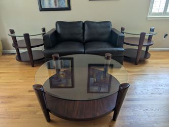 Set of 3: Glass-top and hard wood coffee table and 2 end tables
