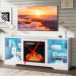 ES71 $75  Fireplace TV Stand Up to 65" TVs, 58" Entertainment Center with LED Lights, TV Media Console with Adjustable Glass Shelves and Storage Cabin