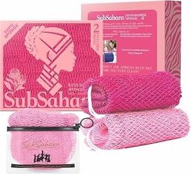 SubSahara - African Net Sponge, 2-Pack of 45g Bath Scrubs Quick-drying knotted mesh body and back wash; use with soap or body wash. Dark pink and ligh