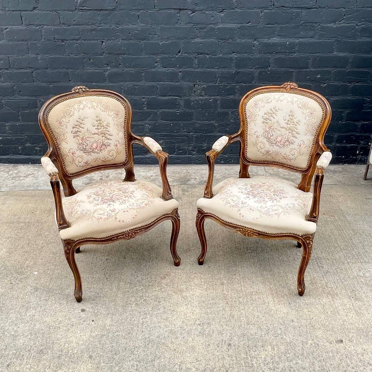 Pair of French Antique Style Carved Arm Lounge Chairs, c.1950’s