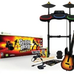Guitar Hero World Tour Band Kit For Xbox 360 - 2 Guitars - Microphone 🎤 And Drums With Bass Pedal And Cymbals 3 Rock Games