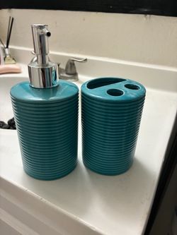 Teal Ceramic Soap Dispenser and Toothbrush Holder Set