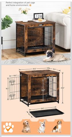 Dog Crate Furniture, 25.5" Small Dog Kennel Indoor, Wooden Cage with Pull-Out Tray, Double Doors Pet House Side End Table for Small/Medium Dogs, Rusti