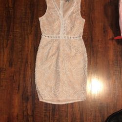 Peach And White Bodycon Lace Knee Length Dress