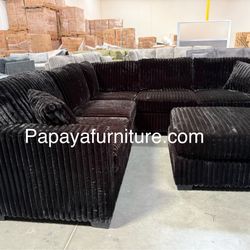 New Plush Black Sectional Sofa And Ottoman, Sectionals, Sofa, Couch, Plush Sectional, High Back Couch, Sofas, Black Sectional, Black Sofa, Black Couch