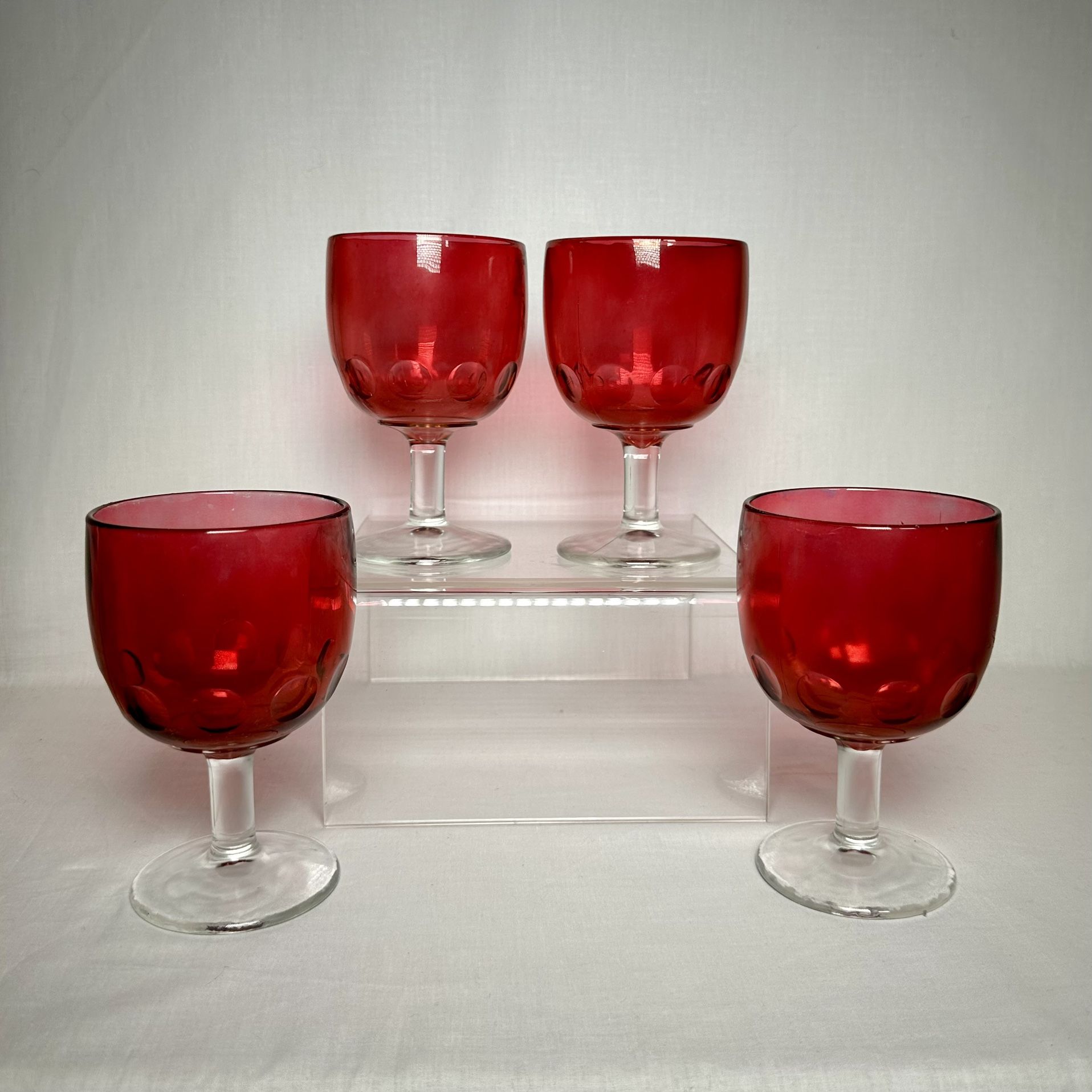 Vintage Bartlett Collins? Cranberry Thumbprint Water Goblets SET OF FOUR (4) 1950s