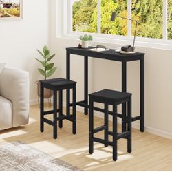 45 inch Bar Table and Chairs Set, Rectangular Counter Height Table Set， Acacia Wood Pub Table with 2 Stools, Black