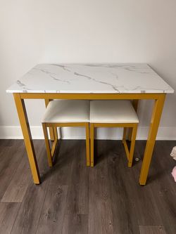 Marble Top Dining Table Set with Two Stools