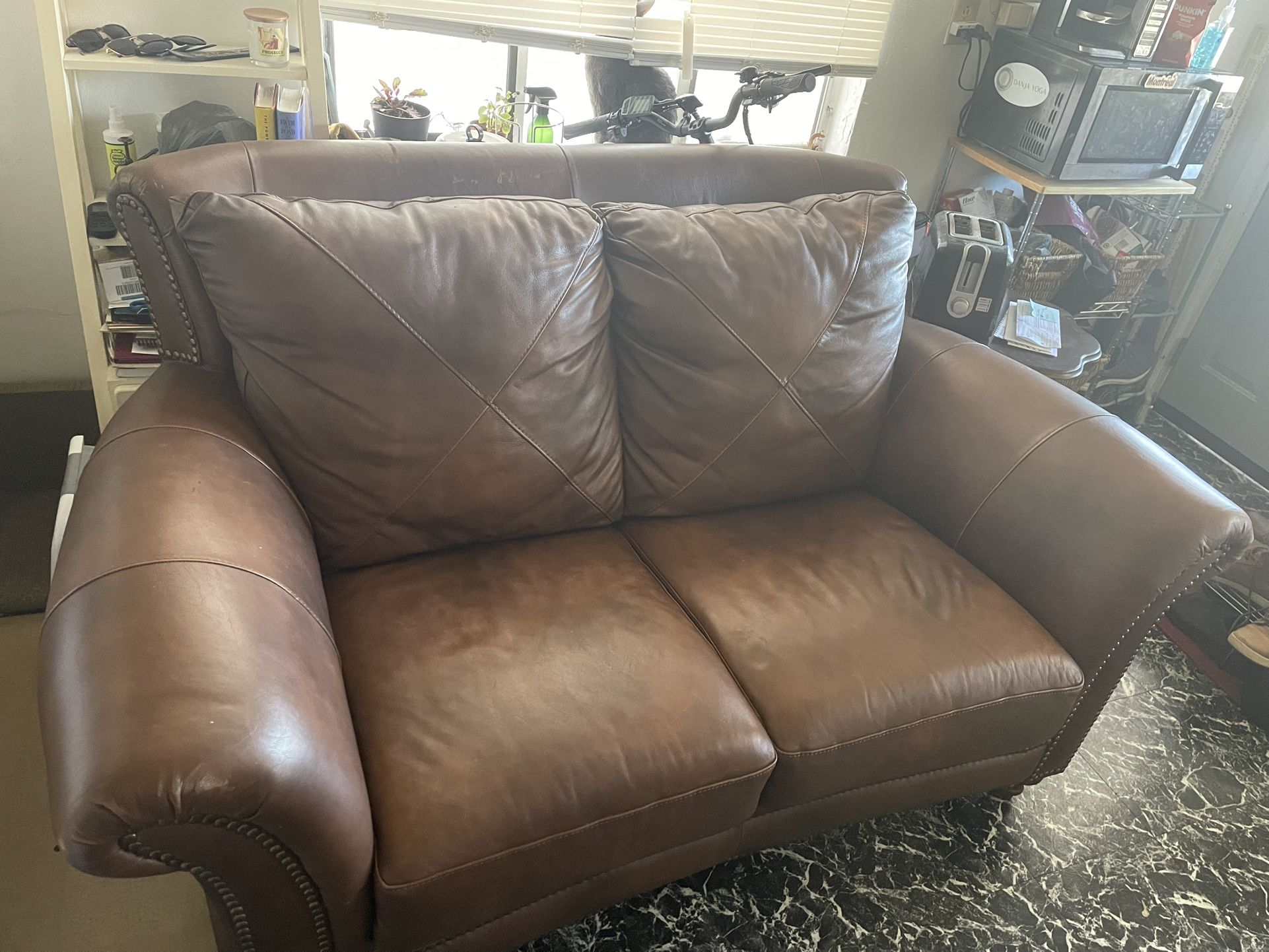 Brown Leather-Look Loveseat with Nailhead Trim