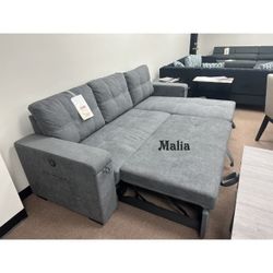 95"W Gray Woven Fabric Reversible Sleeper Sectional Sofa with Storage Chaise Cup Holder Charging Ports and Pockets