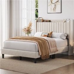 Upholstered Bed Frame, Velvet Bed Frame with Charging Outlets & USB Ports / Storage Headboard with Charging Station