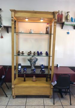 7’ wooden shelf with glass shelving