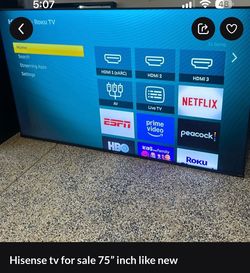 $350 - 75 inch Hisense smart tv with remote control like new in great condition I need this gone today $350’