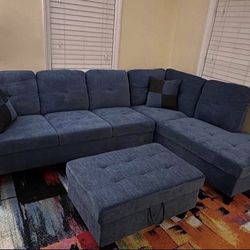 Blue Microfiber Sectional Couch And Ottoman