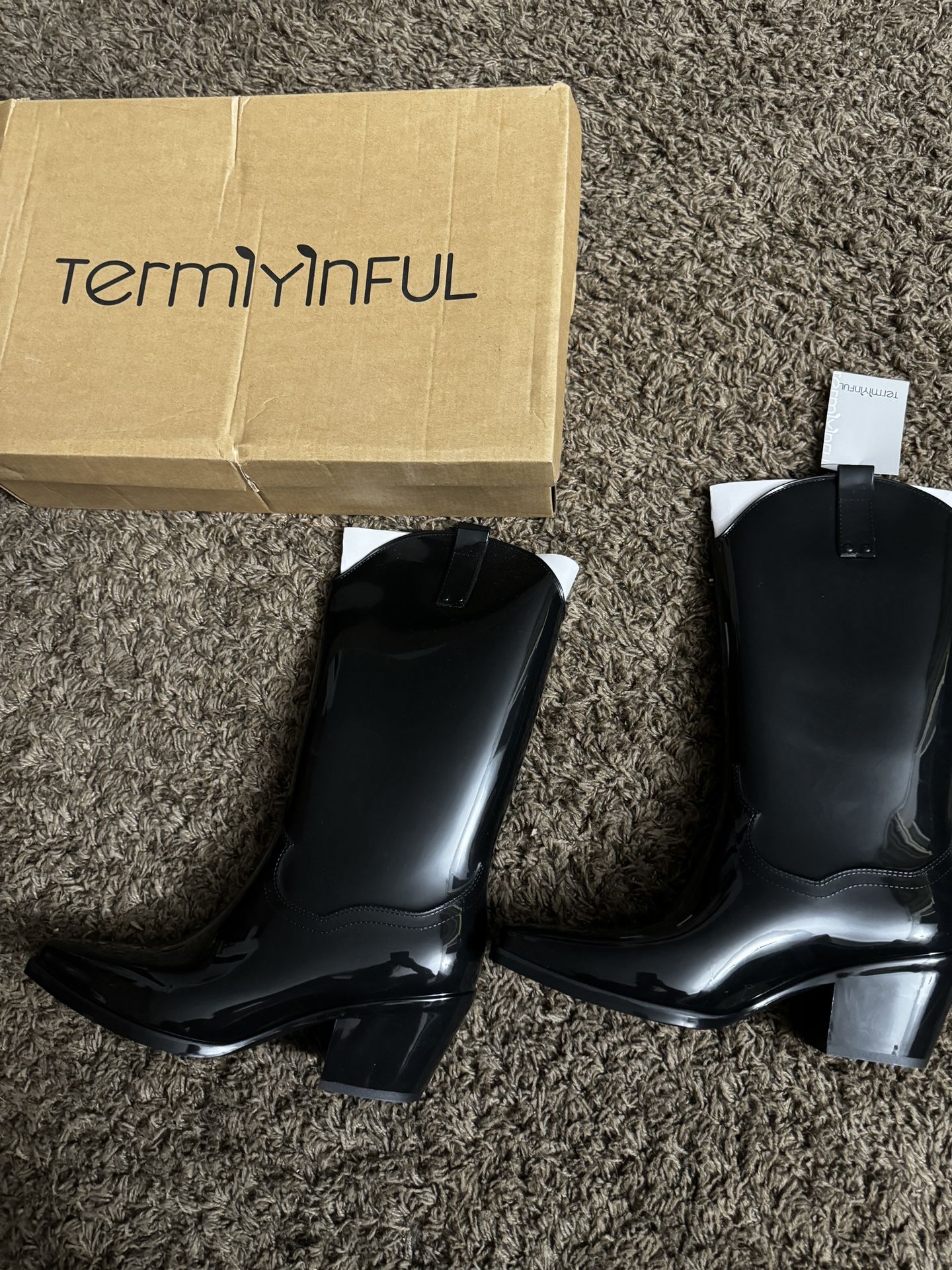 Women Cowgirl Rain Boots w Rubber Gum Solid Waterproof Chunky Mid Heel Shoes size 9