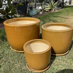 Gold Ceramic Planters-Glazed Pots With Saucer ($85 Set Of 3)