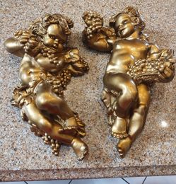 2 VTG Marotta Gold Cherub Baby w grapes Wall sculptures