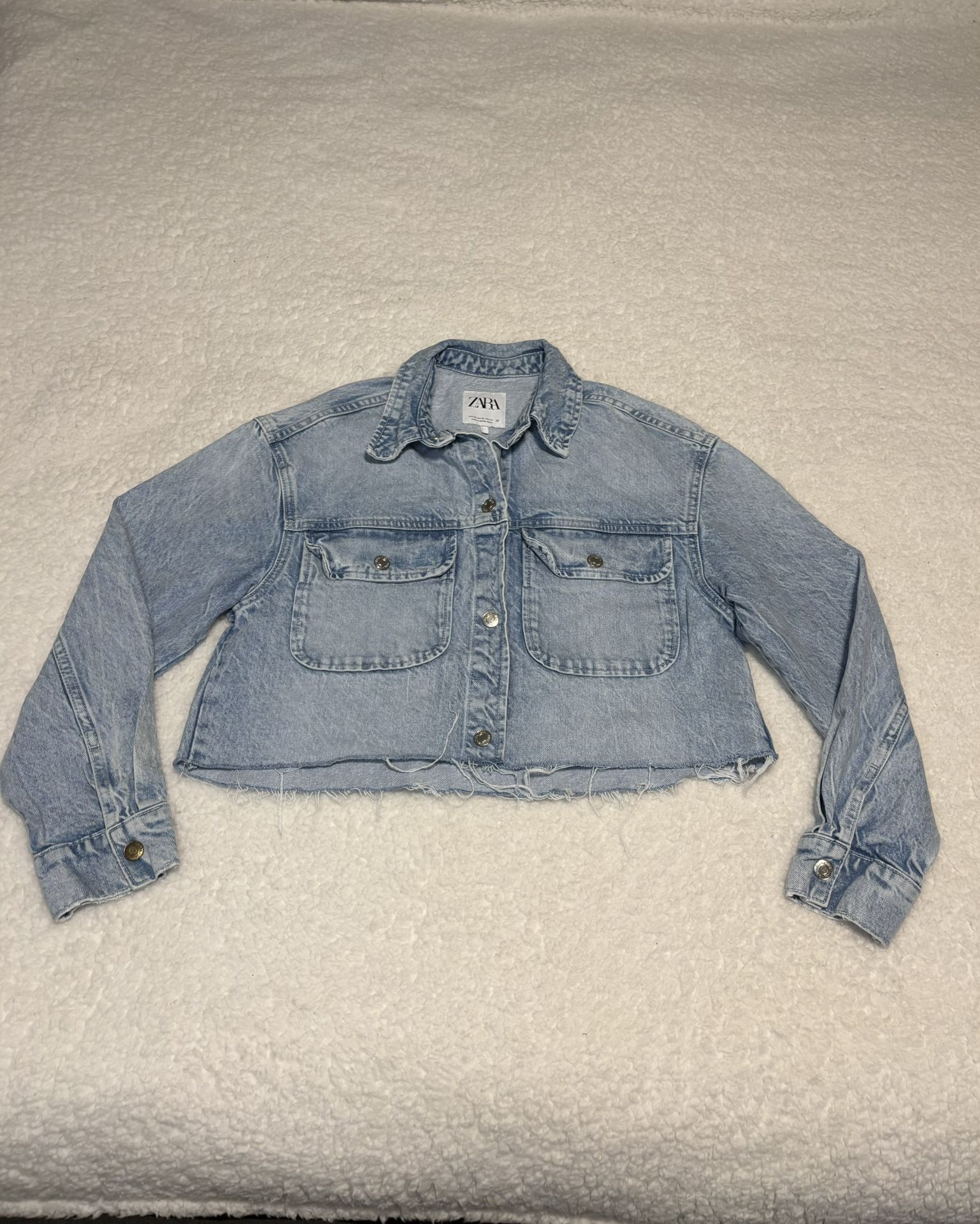 Zara Women Light Wash Denim Cropped Jacket