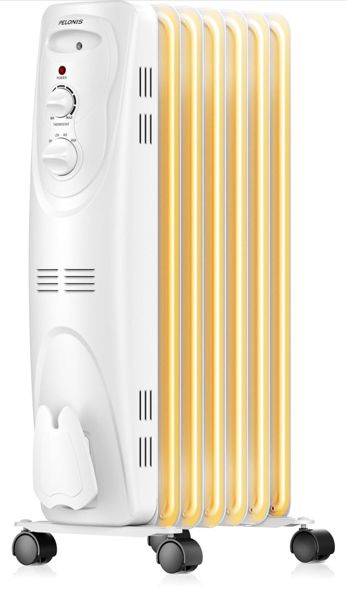 PELONIS Oil Filled Radiator Heater for indoor use Large Room Safe with Thermostat, 1500W Energy Efficient Quiet Space Heater, 3 Heat Settings, Overhea