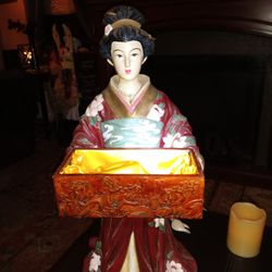 Oriental Woman Holding A Wooden Box The Lid Does Come Off 