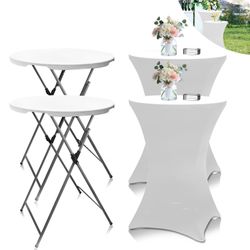 THESEATOP 2Sets 32in Hightop Folding Cocktail Tables+Covers, White-Spandex Stretch Folding Bar Table Covers, Removable Legs Bar Height Folding Table O