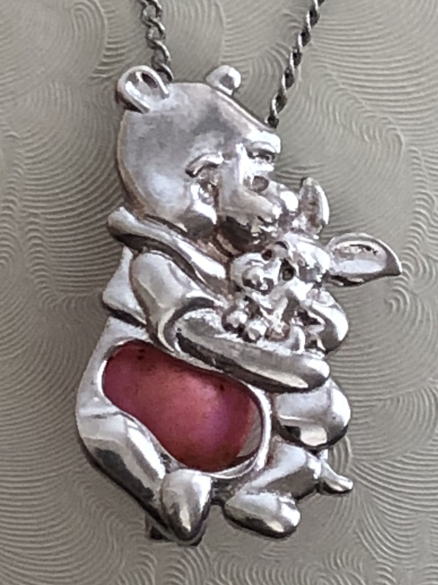 925 Sterling Silver Necklace Pendant,1” Bear panda & rabbit with pink ball Locket , changeable ball,18” sterling silver chain.