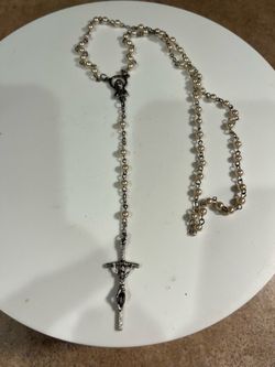Silver tone & Faux Pearl Rosary Necklace