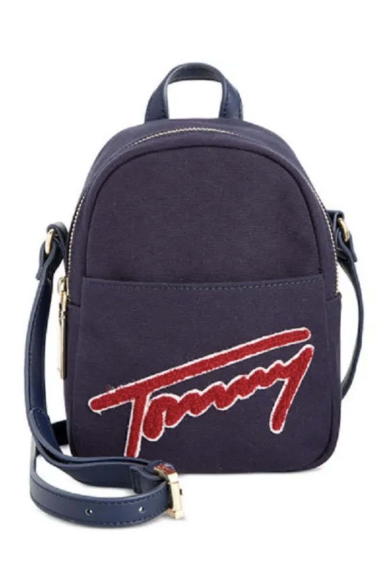 New Tommy Hilfiger Logo Aurora Embellished Canvas Mini Crossbody navy messenger