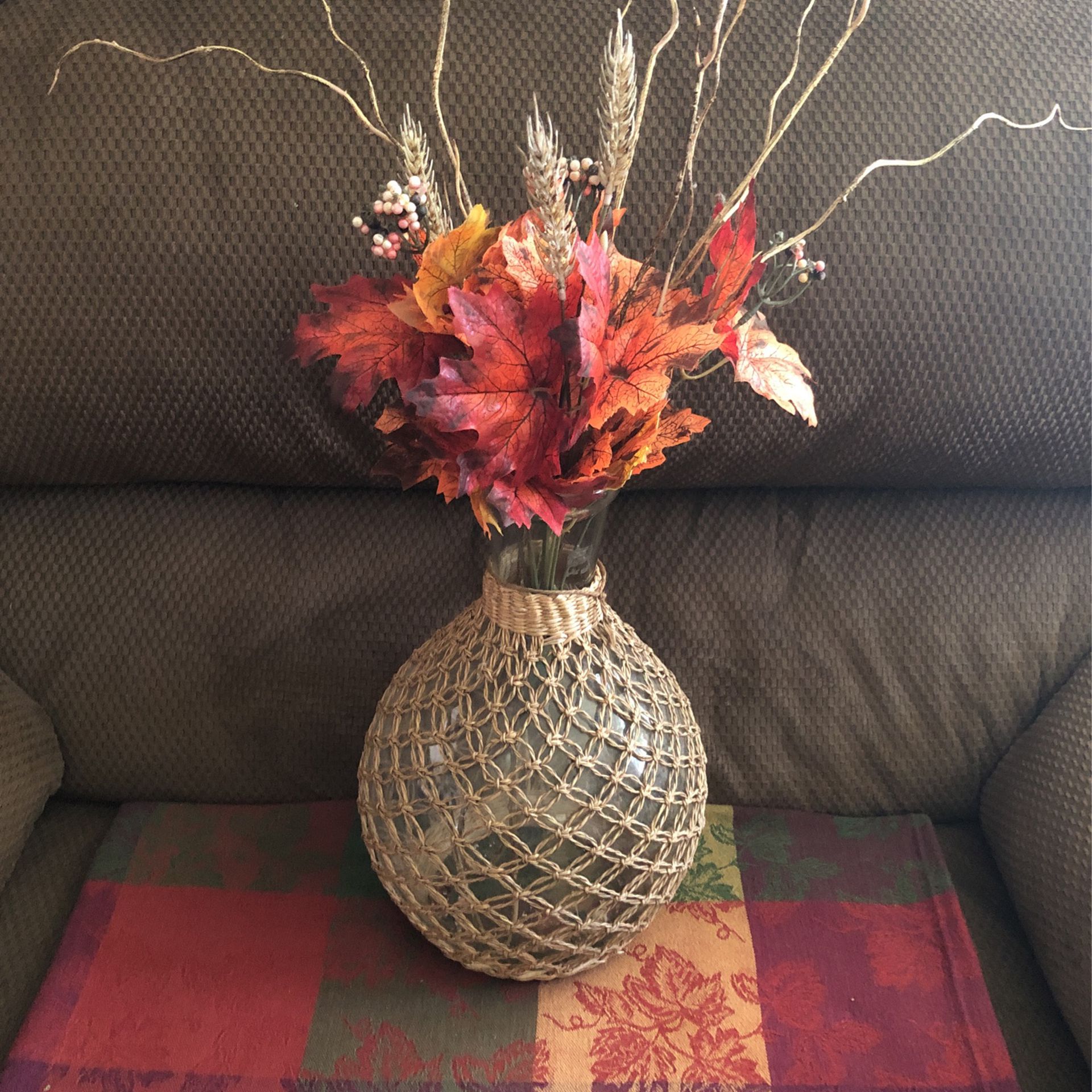 Large  Macrame Covered Glass Vase, With Fall Foliage, Switch Out With Seasons
