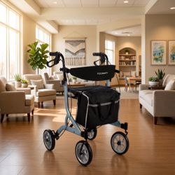 Koosom Rollator Walker is a lightweight mobility aid made of aluminum, and it features a built-in seat for added convenience